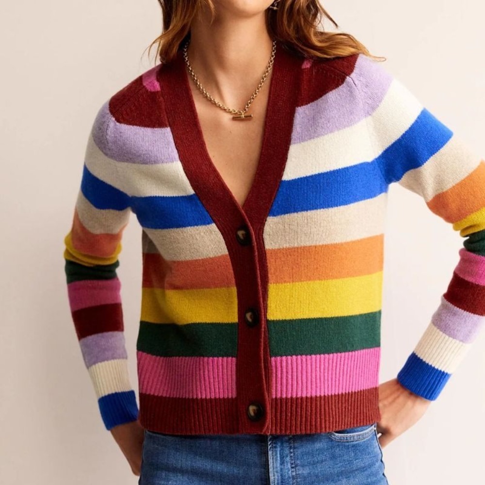 Boden Olivia Merino Wool Cardigan Rainbow Stripe Multicolor Sweater Women's XS